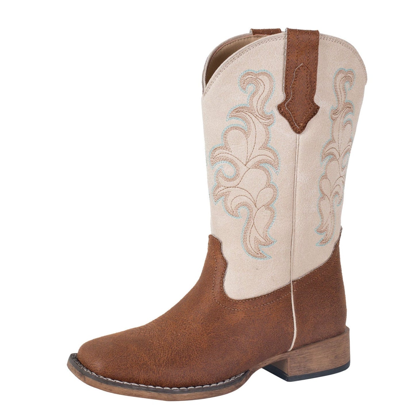 The Roper Womens Cowboy Classic Western Boots (21903743) in tan/cream feature a light brown foot, beige shaft with western stitching, wide square toe, and low wooden heel.
