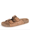 The Roper Womens Desiree Tooled Sandals (21607730) in tan leather feature two adjustable buckled straps, a cork footbed, comfort sock liner, and intricately embossed floral patterns.