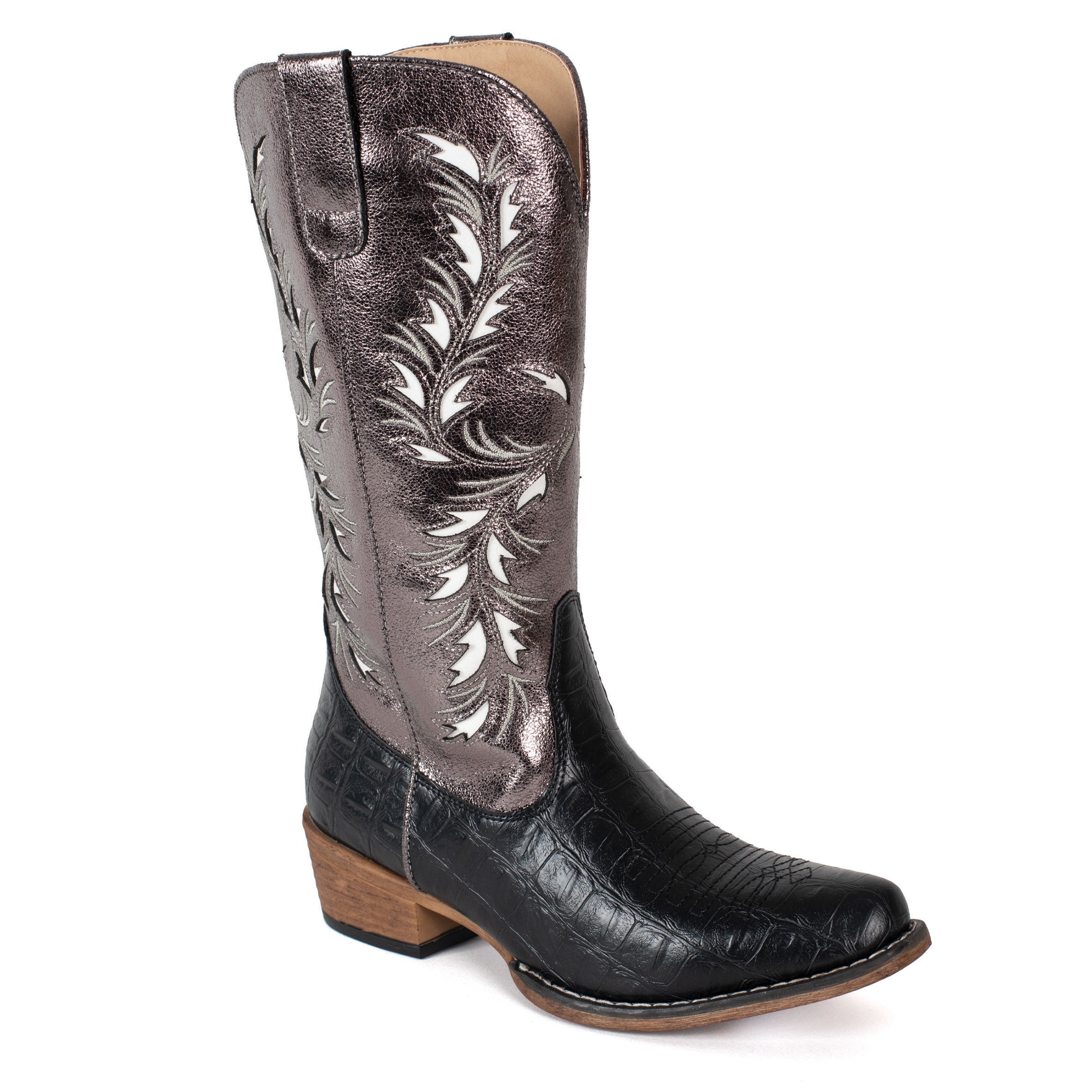 Roper Womens Fern Western Boots (21566750) Black Caiman/Metallic Silver