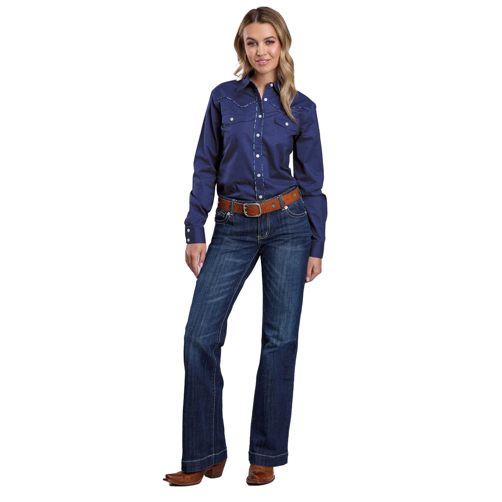 Roper Womens Five Star Collection L/S Shirt (50592050) Solid Blue
