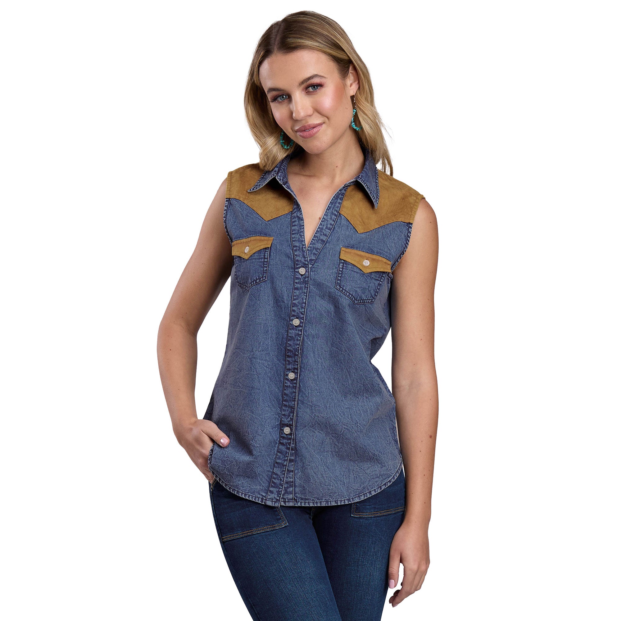 Roper Womens Five Star Collection Sleeveless Blouse (52594060) Solid Blue