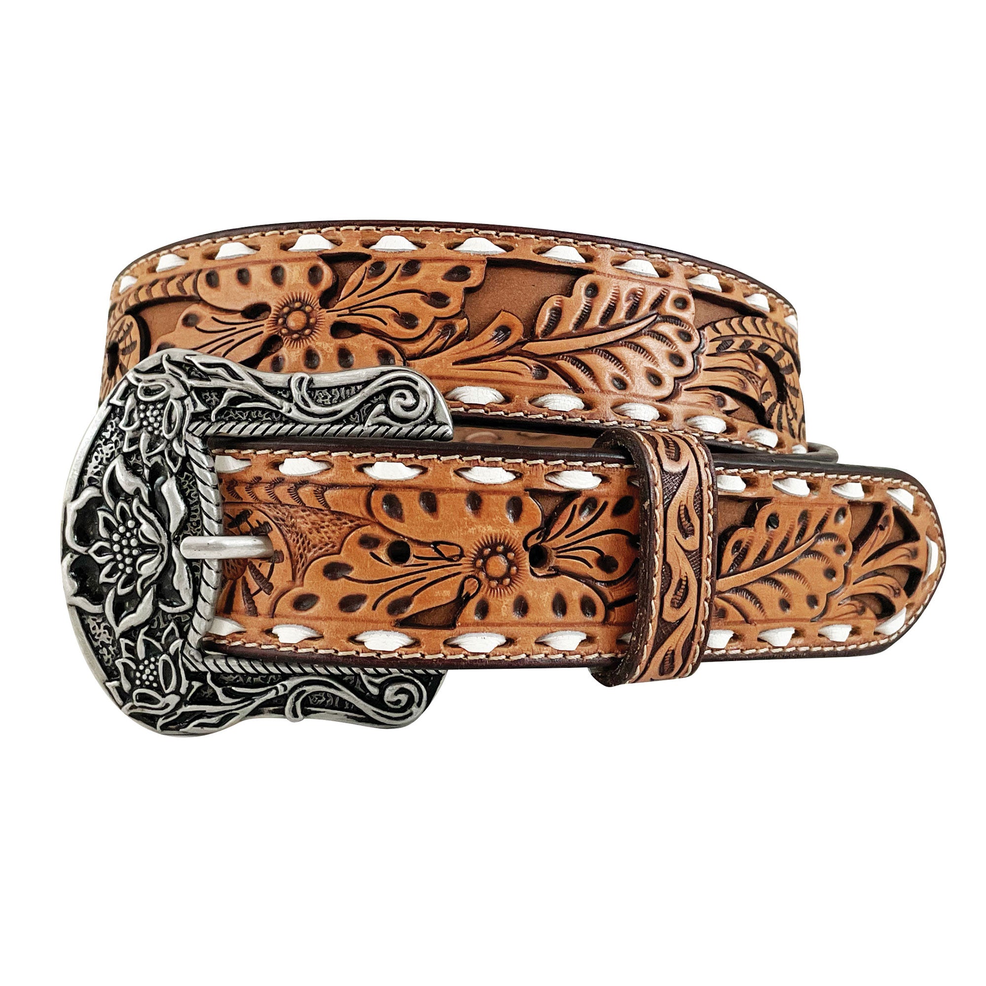 Roper Womens Genuine Leather Floral Hand Tooled Belt (8873790) Tan