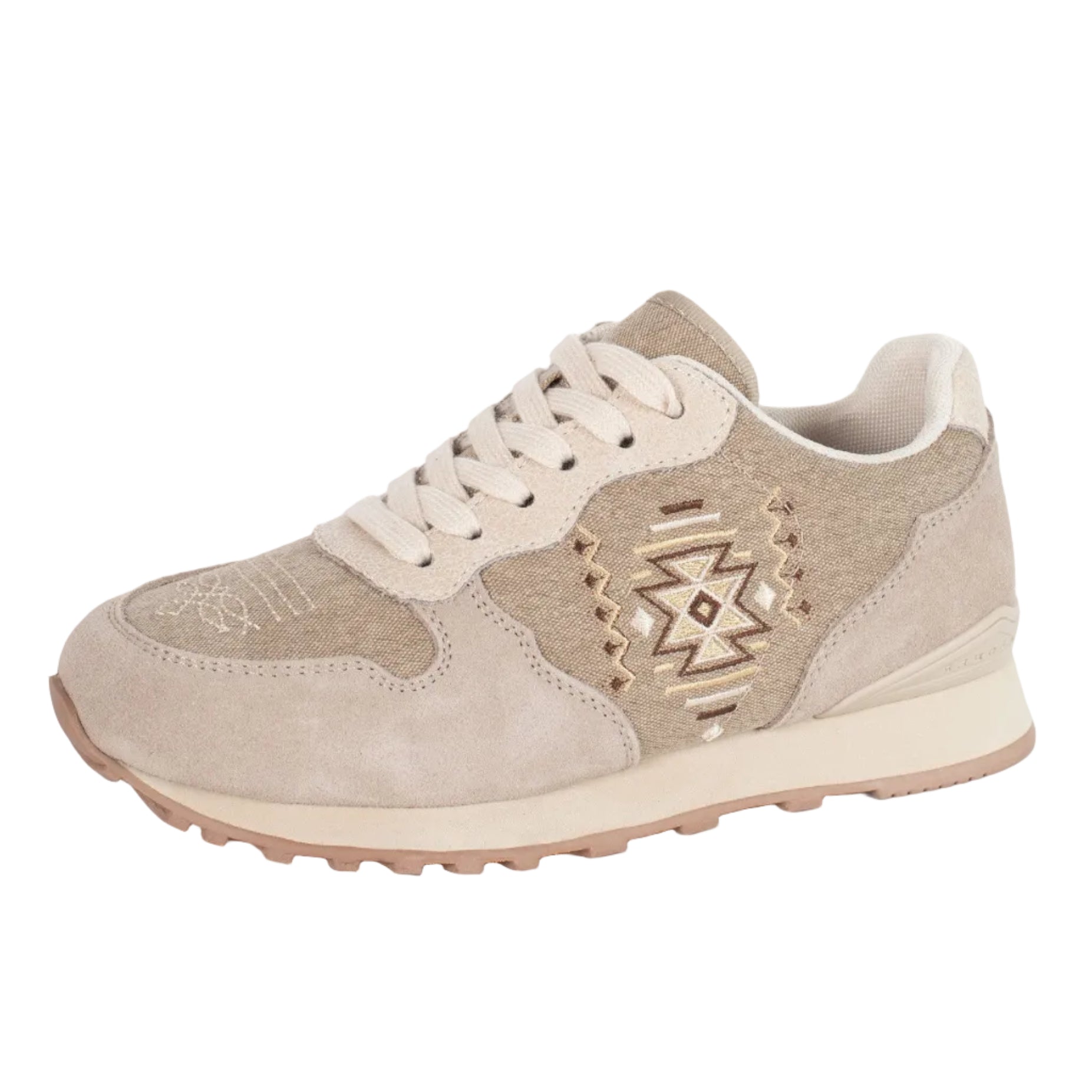 The Roper Womens Giddy Up Shoes (21797792) Taupe Suede feature a lace-up suede and fabric upper with an Aztec embroidered design, light brown sole, and removable comfort insole, blending casual style with all-day comfort.