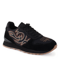 The Roper Womens Giddyup Shoes (21797793) Spice Black Suede feature black suede, brown and gold embroidery on sides and toe, black laces and midsole, a light brown rubber outsole, and a removable comfort insole for all-day support.
