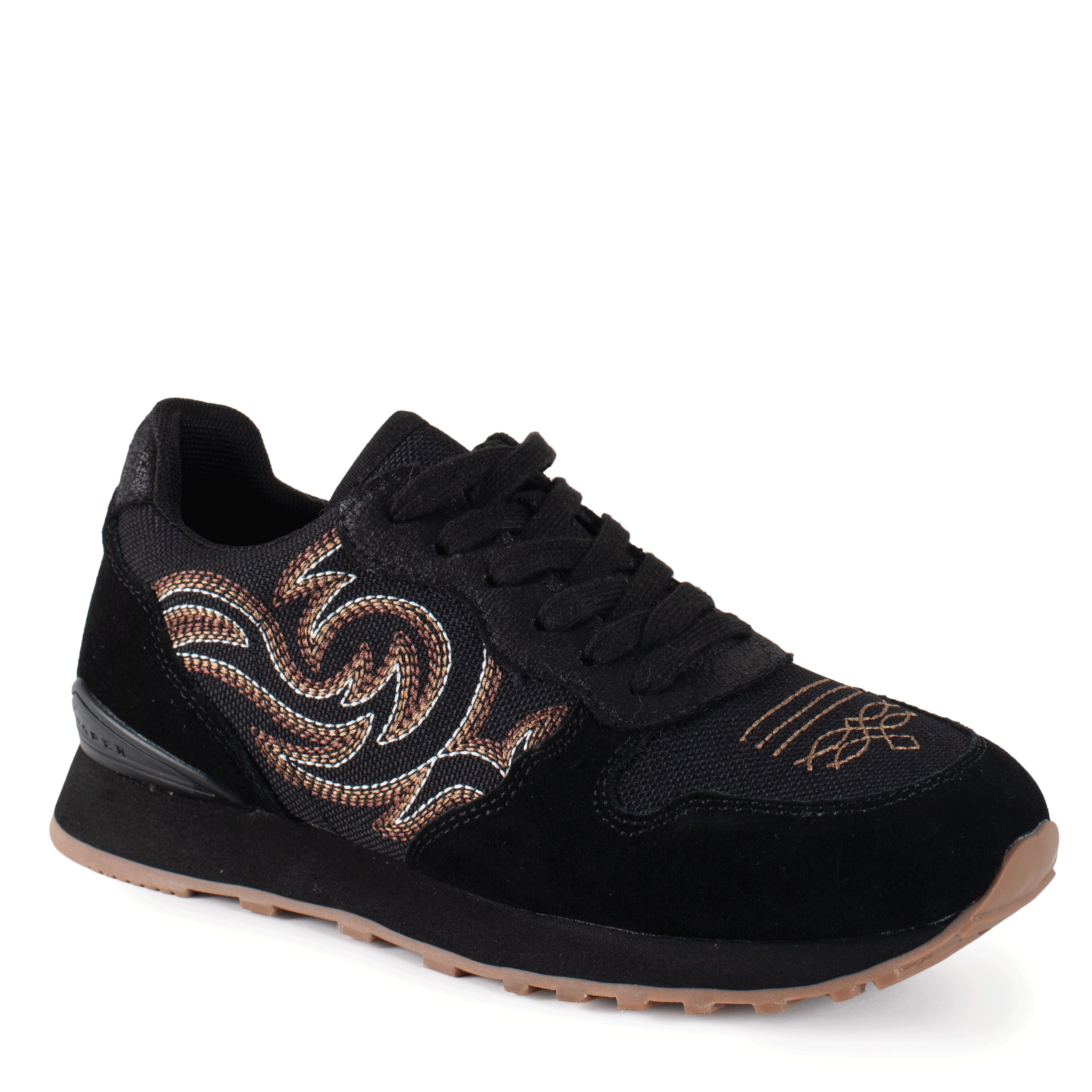 The Roper Womens Giddyup Shoes (21797793) Spice Black Suede feature black suede, brown and gold embroidery on sides and toe, black laces and midsole, a light brown rubber outsole, and a removable comfort insole for all-day support.