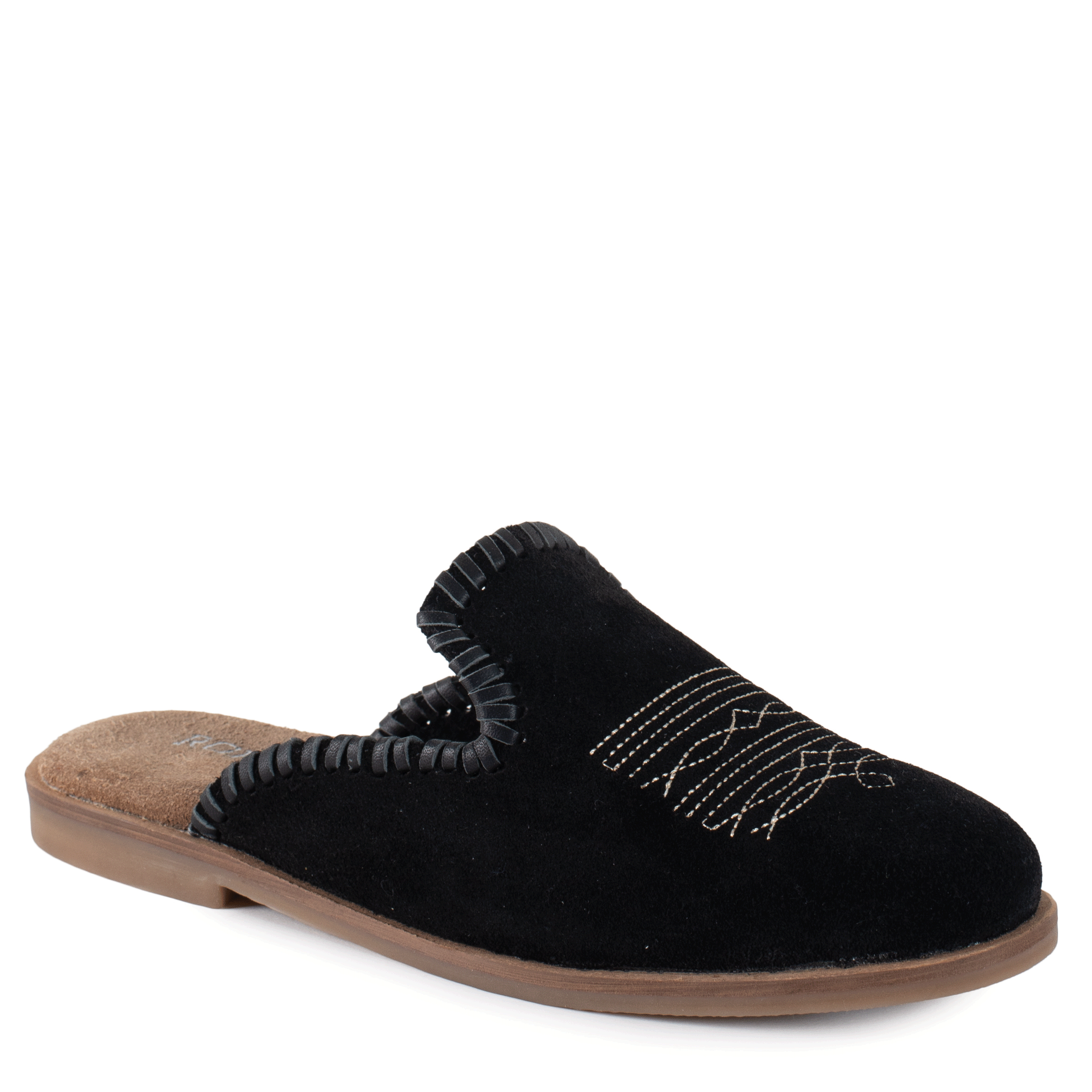 The Roper Womens Hampton Mule Slip On Shoes (21608766) feature black suede, a flexible TPR bottom with brown sole, decorative upper stitching, black trim, cushioned insole, and suede leather lining for comfort.