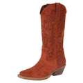 The Roper Womens Kit Laser Western Boot (21561664) in brown features cognac faux suede, decorative stitching, a pointed toe, padded insole, and low angled heel by Roper; shown on a white background.