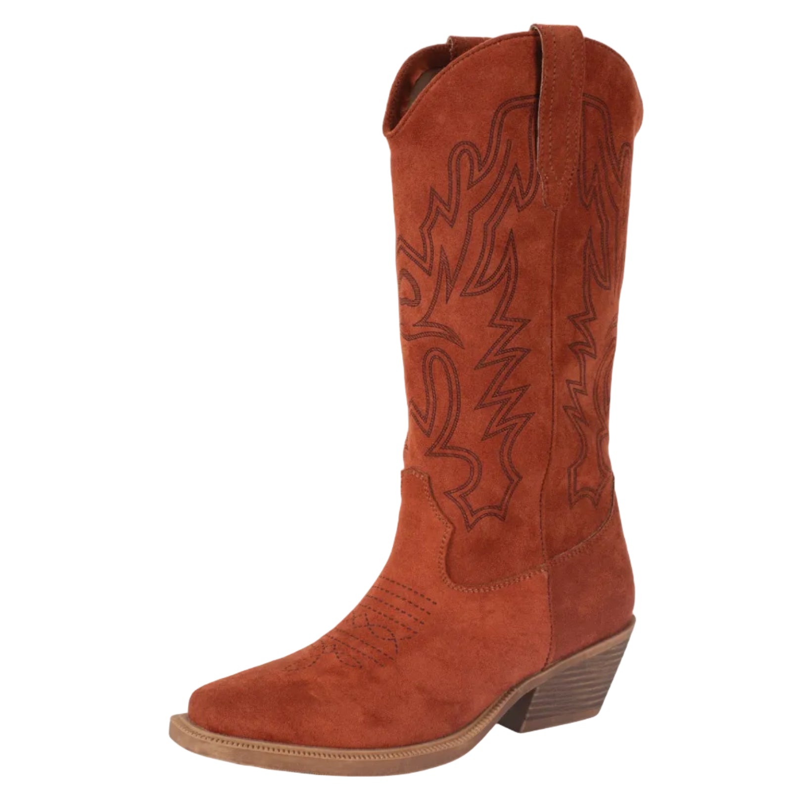 The Roper Womens Kit Laser Western Boot (21561664) in brown features cognac faux suede, decorative stitching, a pointed toe, padded insole, and low angled heel by Roper; shown on a white background.