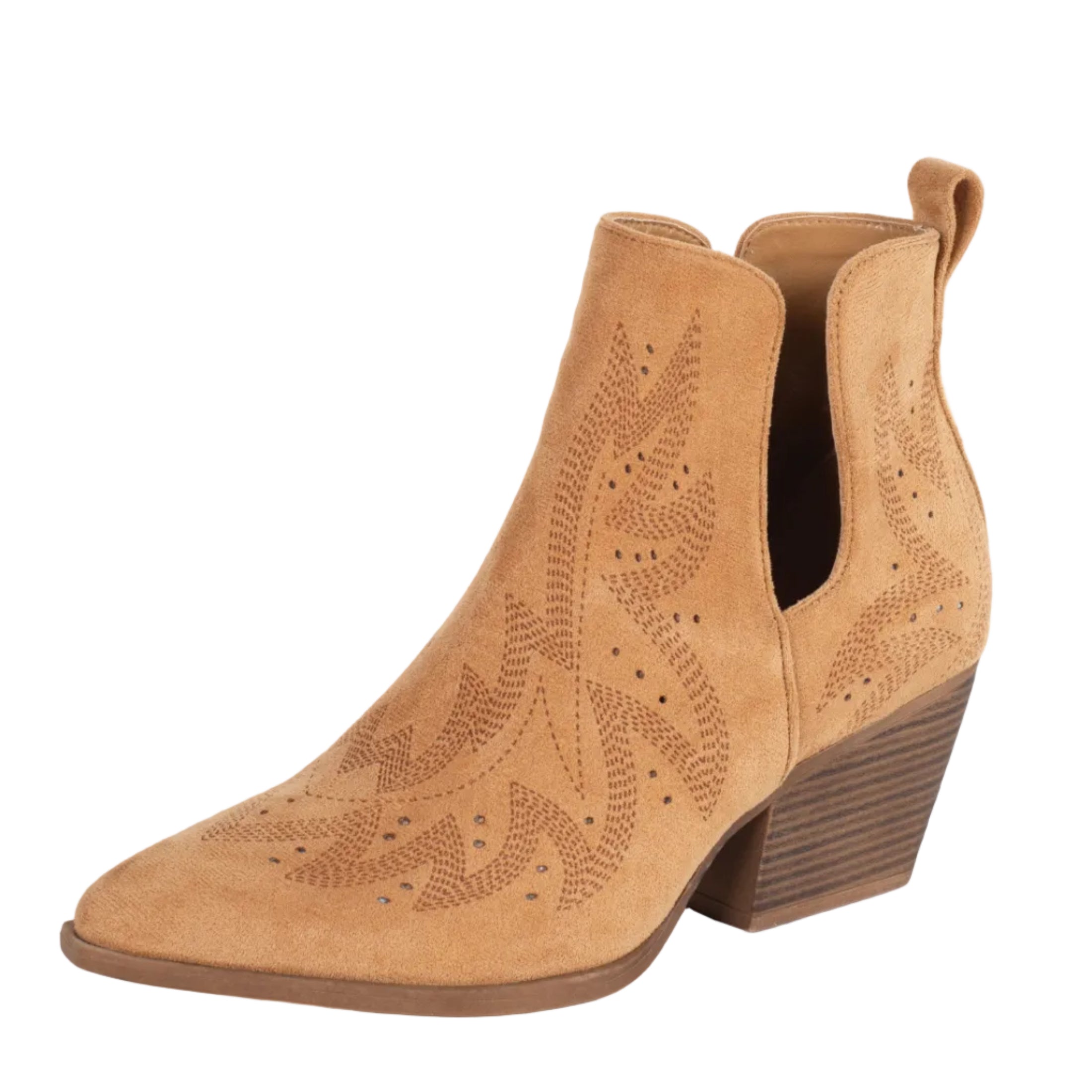 The Roper Womens Olivia Western Boots (21557754) in tan feature faux suede, a pointed toe, western stitching, side cutouts, pull tab, and a chunky brown stacked heel that contrasts with the light tan upper. Brand: Roper.