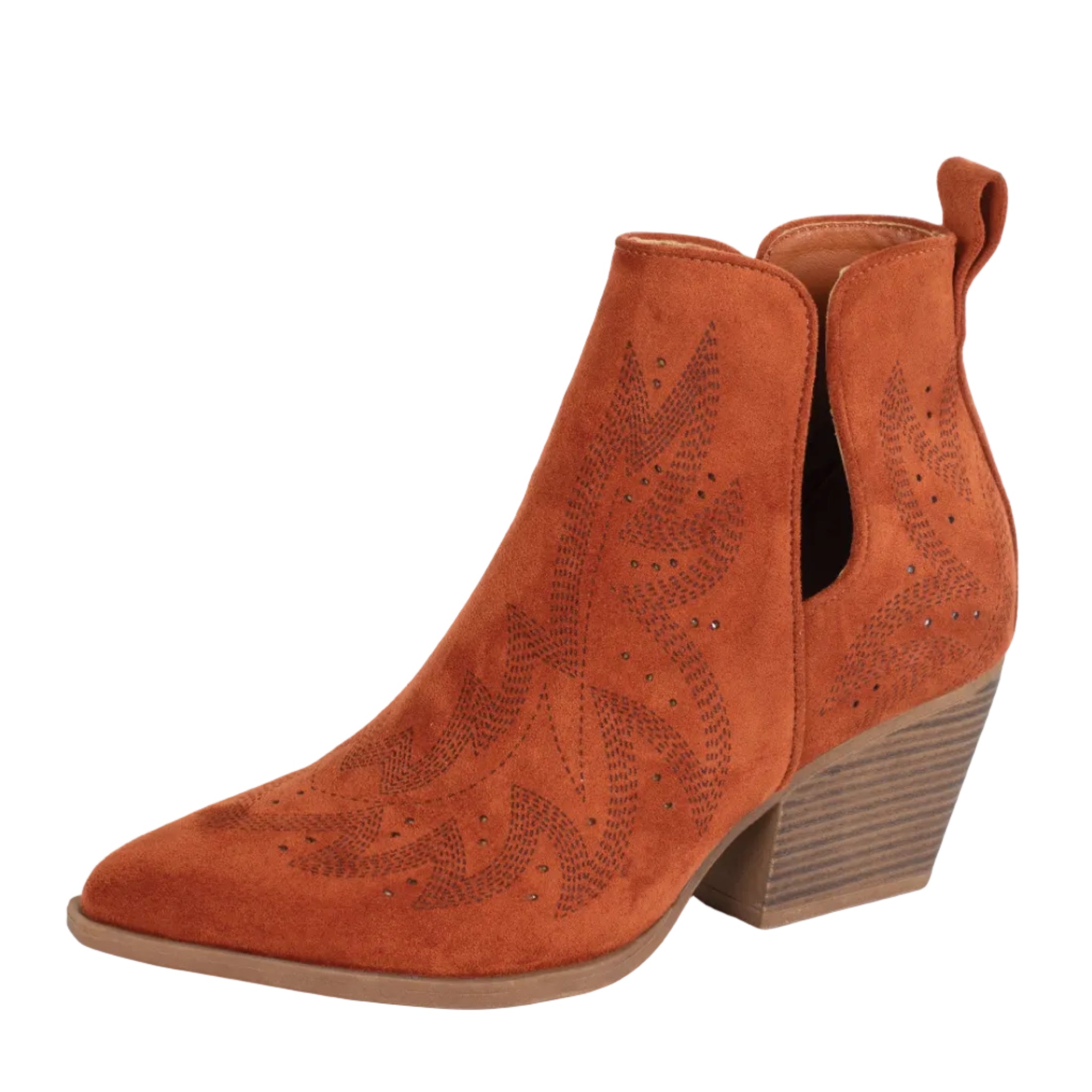 The Roper Womens Olivia Western Boots (21557755) in brown feature faux suede, a stacked block heel, pointed toe, side cutouts, and decorative western stitching accents.
