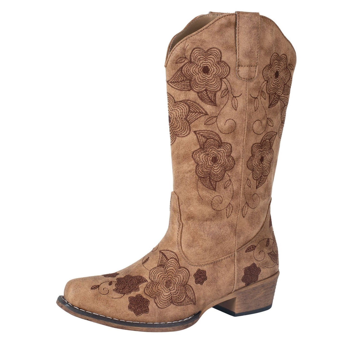 The Roper Womens Riley Flowers Western Boots (21191695) in tan feature a snip toe, low heel, and vintage tan faux leather with dark brown floral stitching. Shown angled left, the side and front are visible against a plain white background.