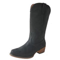 The Roper Womens Riley Western Boots (21566630) in black feature subtle western embroidery, a rounded toe, and a stacked brown heel, shown angled on a white background. Brand: Roper.