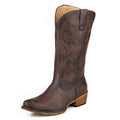 The Roper Womens Riley Western Boots (21566662) in brown feature faux leather, western embroidery, decorative stitching, a snip toe, sturdy heel, and side pull straps.