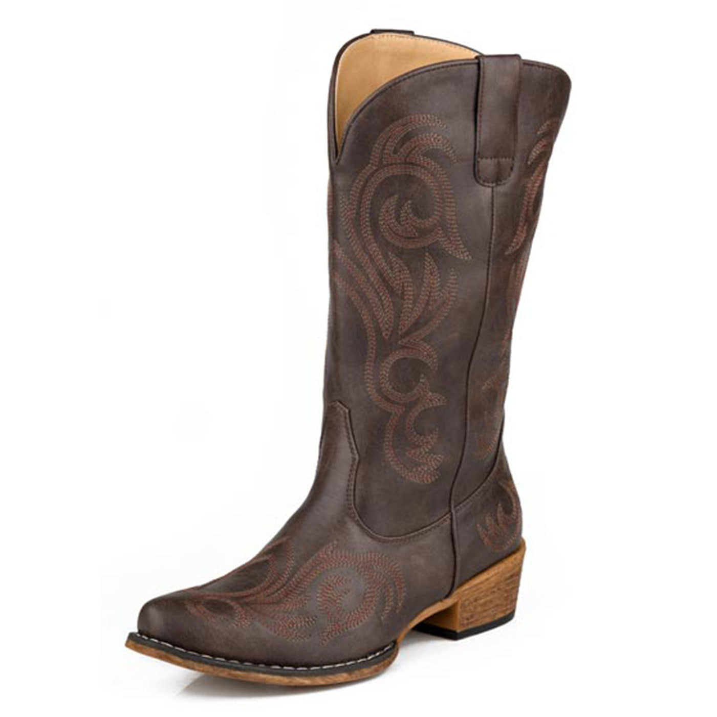 The Roper Womens Riley Western Boots (21566662) in brown feature faux leather, western embroidery, decorative stitching, a snip toe, sturdy heel, and side pull straps.