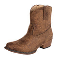 The Roper Womens Sashay Western Boots (21567759) in vintage tan brown feature a low heel, snip toe, and intricate floral embroidery on the shaft and foot, shown against a white background.