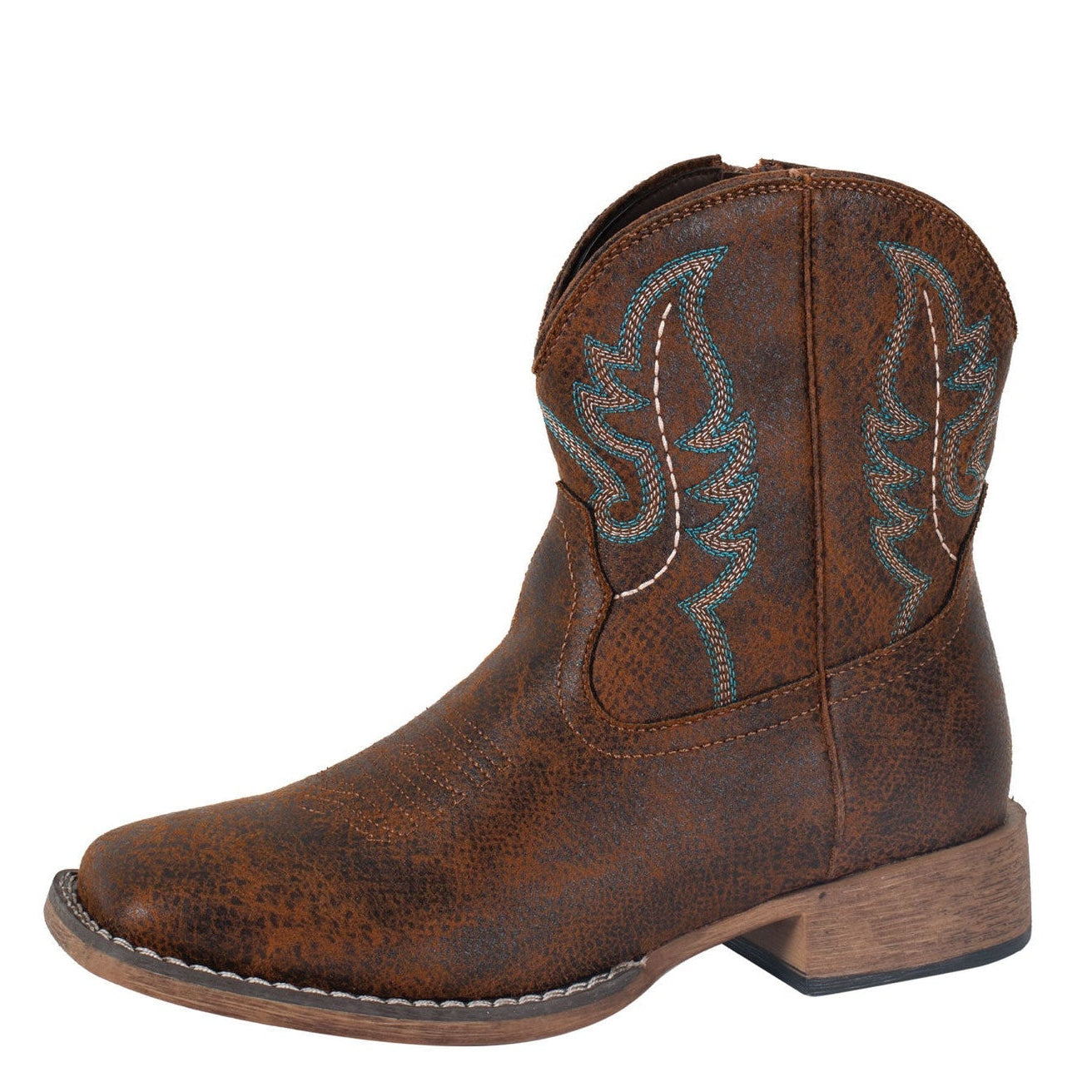 The Roper Womens Shayla Western Boots (21904790) in brown feature a light blue stitch design, short chunky wooden heel, rounded toe, and padded comfort insole. The boot is angled right on a white background. Brand: Roper.