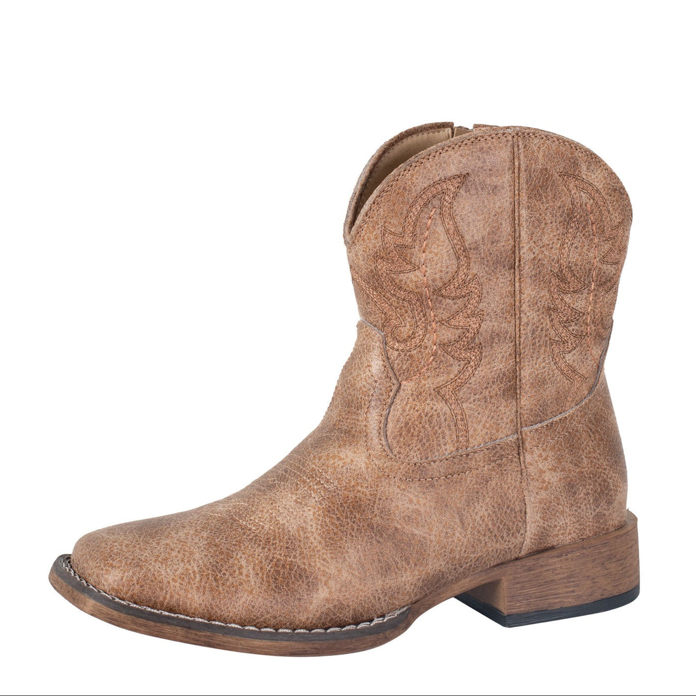 The Roper Womens Shayla Western Boots (21904791) in tan feature a faux leather build, western stitch design, medium-low heel, padded comfort insole, and a slightly rounded toe, shown against a plain white background.