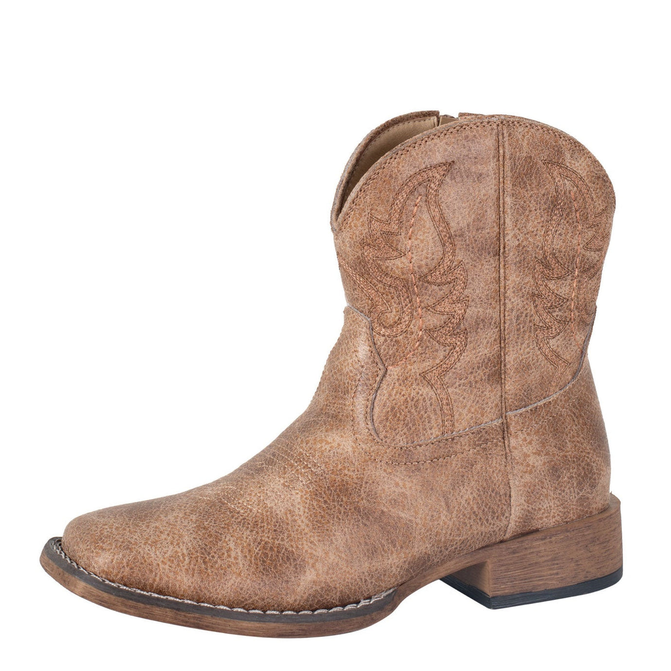 The Roper Womens Shayla Western Boots (21904791) in tan feature a faux leather build, western stitch design, medium-low heel, padded comfort insole, and a slightly rounded toe, shown against a plain white background.
