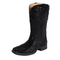 The Roper Womens Starlit Western Boots (21903745) Black feature black faux leather, decorative stitching, sparkling rhinestones, a low heel, a Crystal Crown Overlay, and a pointed toe.