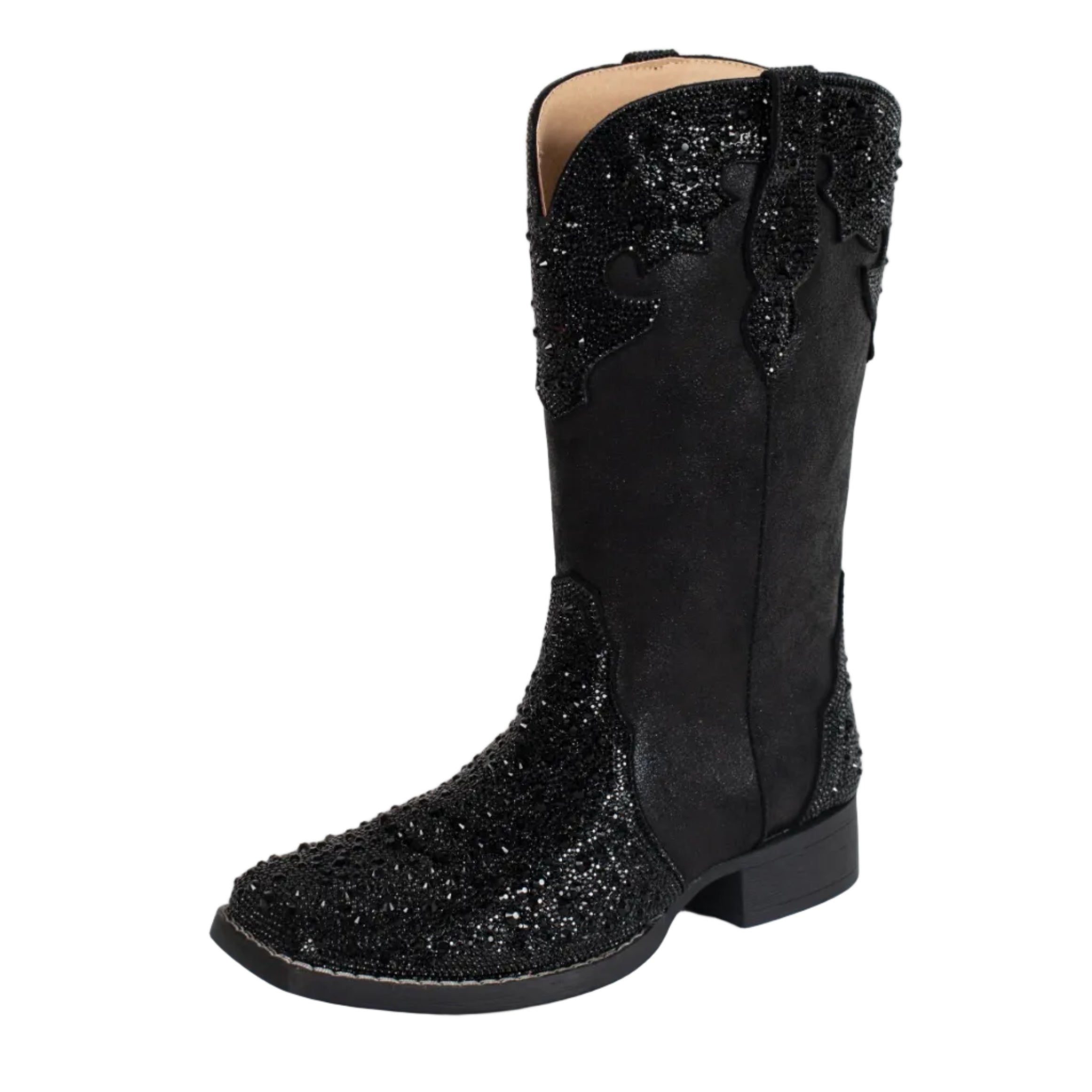 The Roper Womens Starlit Western Boots (21903745) Black feature black faux leather, decorative stitching, sparkling rhinestones, a low heel, a Crystal Crown Overlay, and a pointed toe.