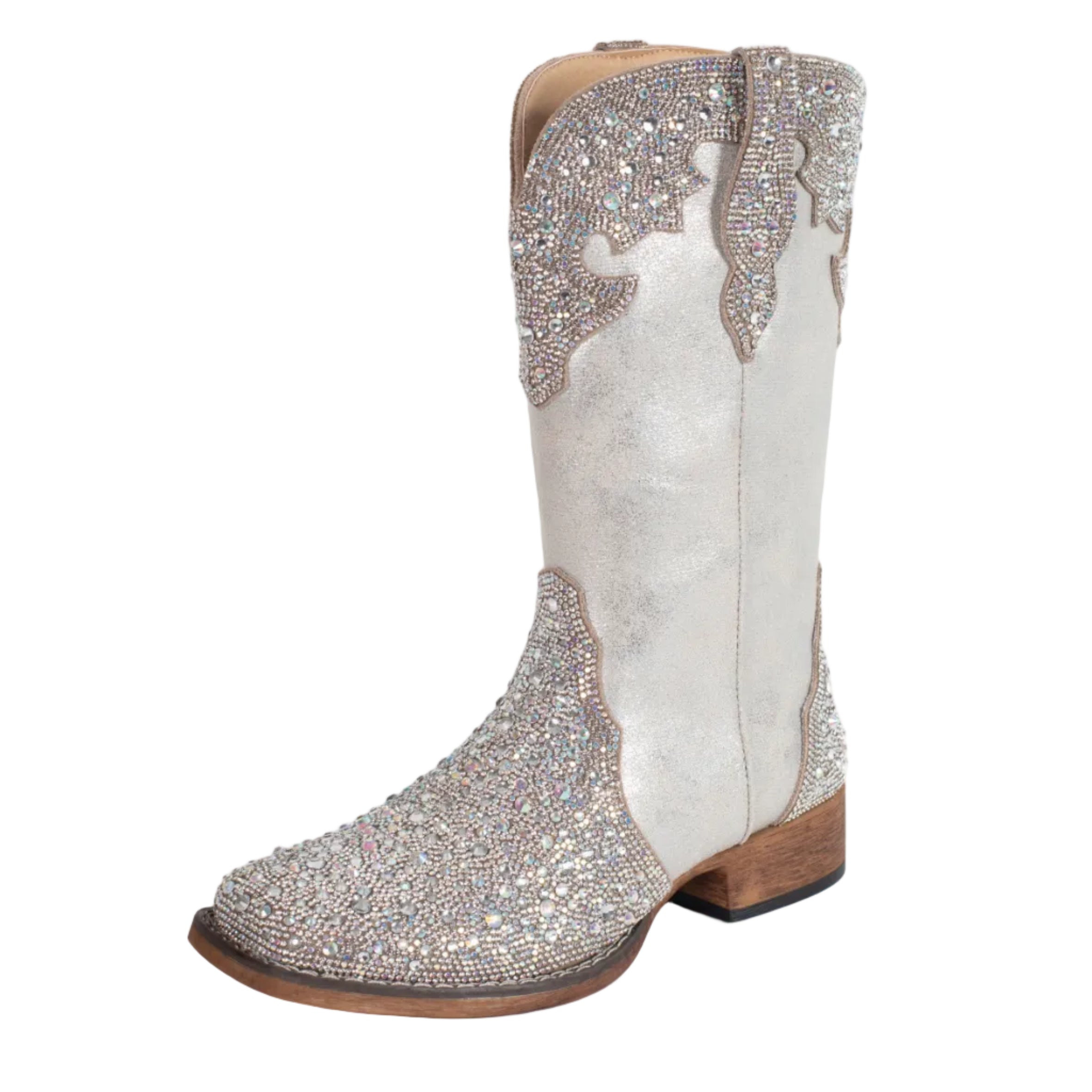The Roper Womens Starlit Western Boots (21903746) Silver by Roper feature a wide square toe, wooden heel, sparkling rhinestones on the foot and shaft, and intricate stitched patterns for a glamorous crystal crown boot look.