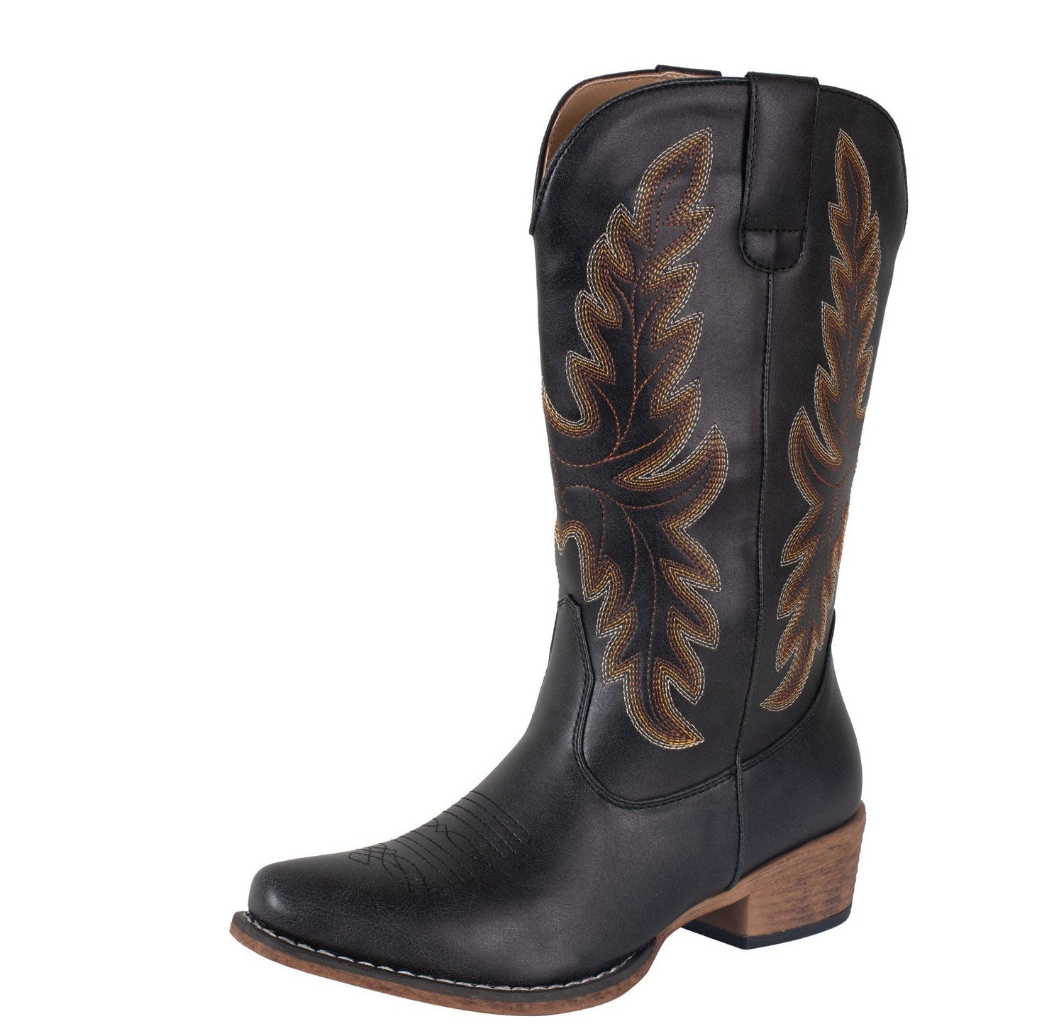The Roper Womens Sundown Western Boots (21566747) in black feature brown and tan western embroidery, a pointed toe, pull straps, padded comfort insole, and a low wooden heel. Brand: Roper. Displayed against a white background.