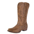The Roper Womens Sundown Western Boots (21566748) in tan feature western embroidery, a rounded toe, pull straps, a low stacked heel, and a padded comfort insole. Shown is a single boot by Roper against a plain white background.