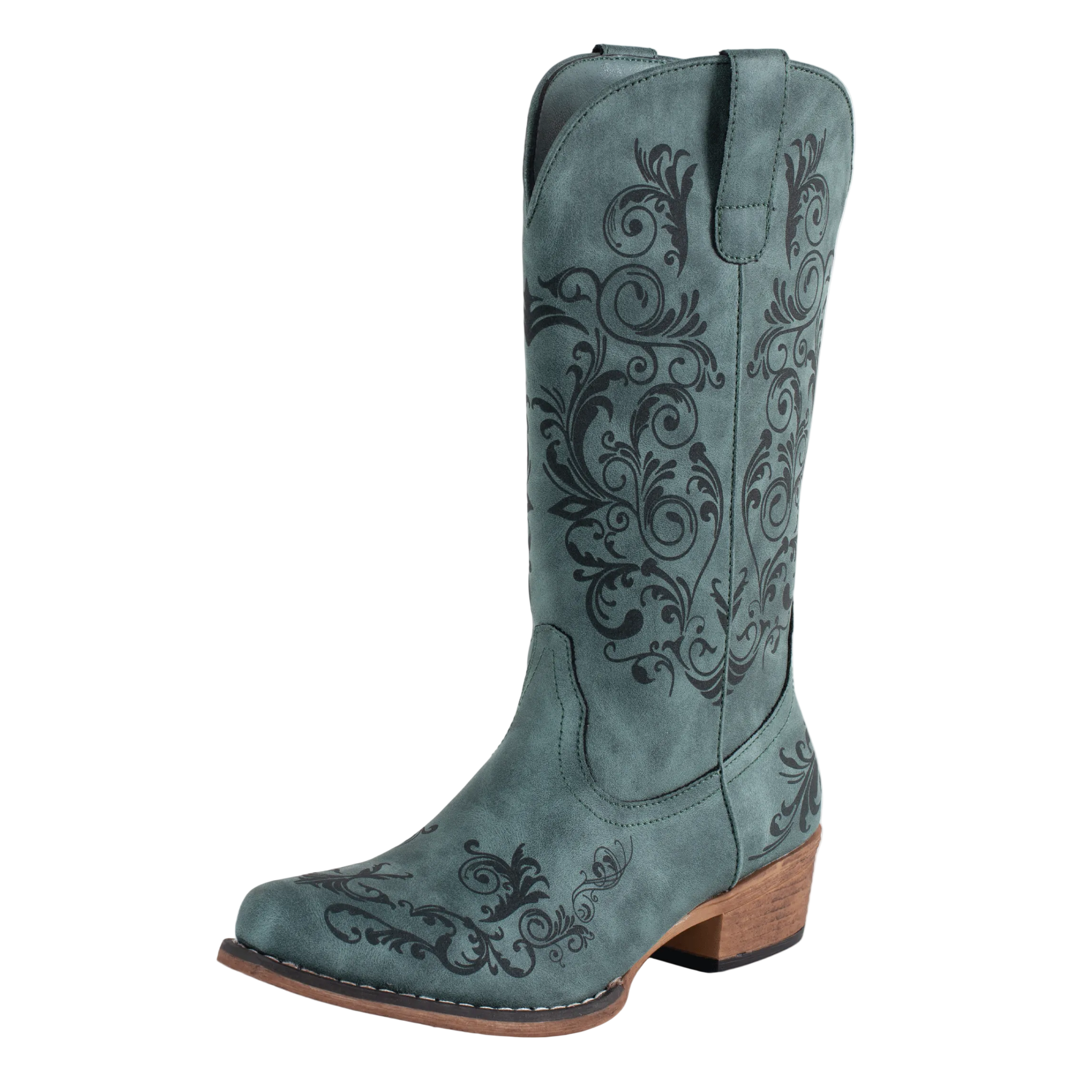The Roper Womens Tall Stuff Western Boots (21556816) in turquoise feature a vintage look, low wooden heel, black swirling embroidery, classic western snip toe design, and convenient pull tabs.