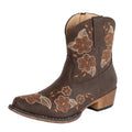 The Roper Womens Wildflower Western Boots (21567752) in vintage brown feature a snip toe, low wooden heel, and orange and beige floral stitching along the side and front.