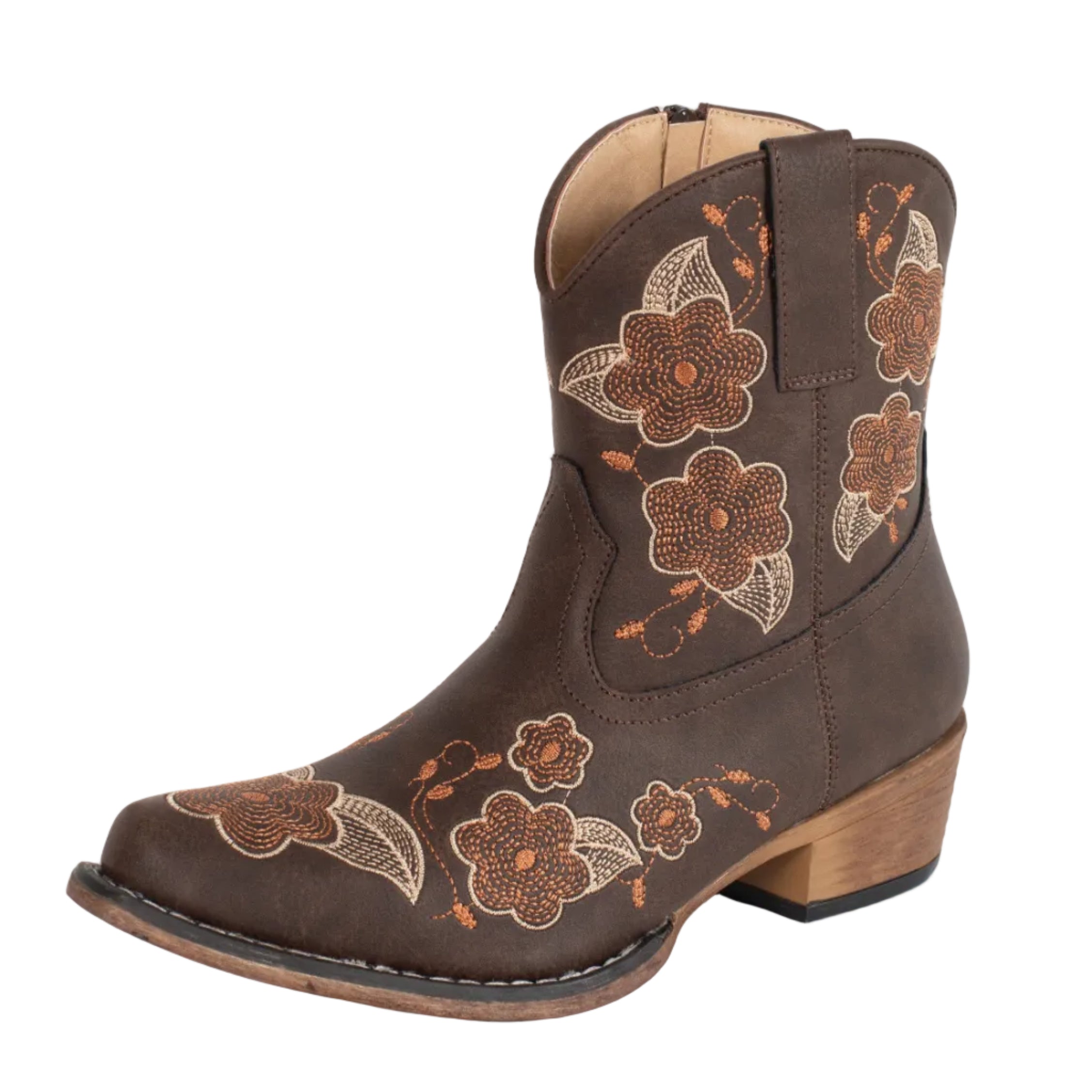 The Roper Womens Wildflower Western Boots (21567752) in vintage brown feature a snip toe, low wooden heel, and orange and beige floral stitching along the side and front.