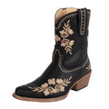 The Roper Womens Wynona Western Boots (21557689) Vintage Black feature a black vintage faux leather design, medium wooden heel, tan and gold floral embroidery, and decorative stitching along the top, side, and toe.