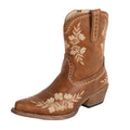 The Roper Womens Wynona Western Boots (21557690) in Vintage Tan feature brown leather, light floral embroidery, a medium stacked heel, padded insole, and pointed toe—stylish boots from Roper for those who love floral designs.