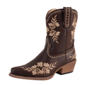 The Roper Womens Wynona Western Boots (21557834) in Chocolate feature vintage faux leather, beige floral embroidery, pull straps, decorative stitching, a mid-height heel, and classic snip toe styling from the Roper brand.