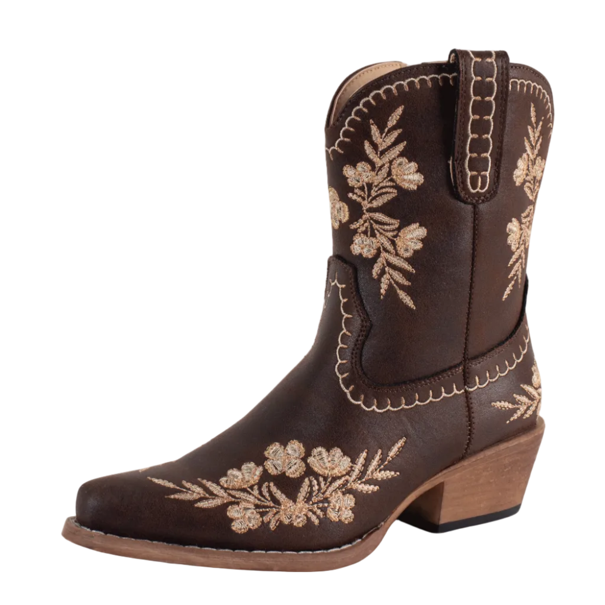 The Roper Womens Wynona Western Boots (21557834) in Chocolate feature vintage faux leather, beige floral embroidery, pull straps, decorative stitching, a mid-height heel, and classic snip toe styling from the Roper brand.