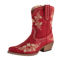 The Roper Womens Wynona Western Boots (21557836) in red feature a snip toe, low wooden heel, beige floral embroidery, pull straps, and decorative stitching—stylish boots by Roper to elevate any outfit.