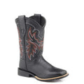 A single black leather cowboy boot with decorative western embroidery in red, white, and gray on the shaft, shown against a plain white background.