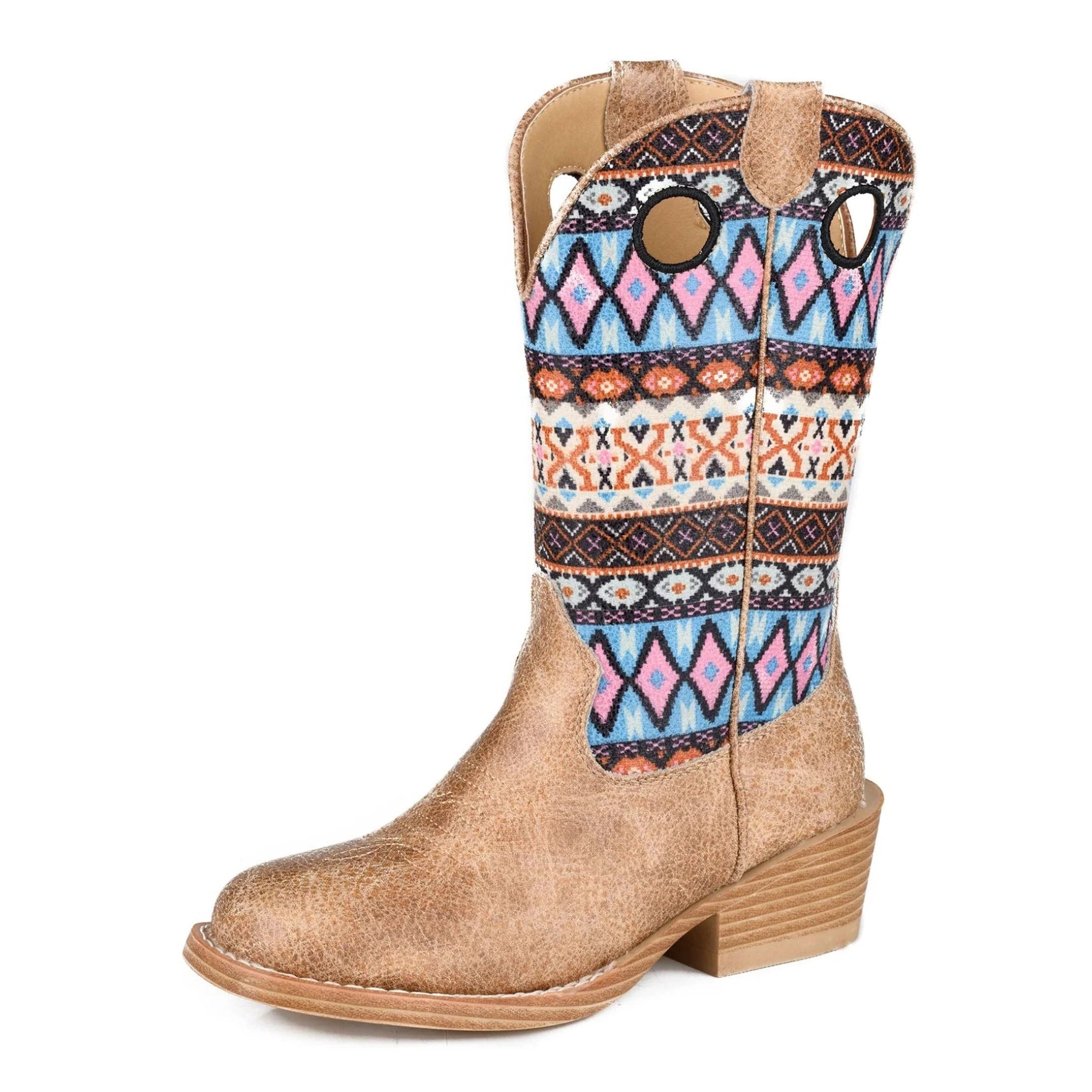 Tan Roper Big Kids Willow Aztec Western Boots (19910773) cowboy boots for little cowboys with colourful patterned shaft on a white background