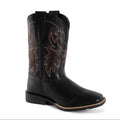 A single black leather western boot with decorative brown and red embroidered floral patterns on the shaft, shown from a three-quarter angle against a plain white background.