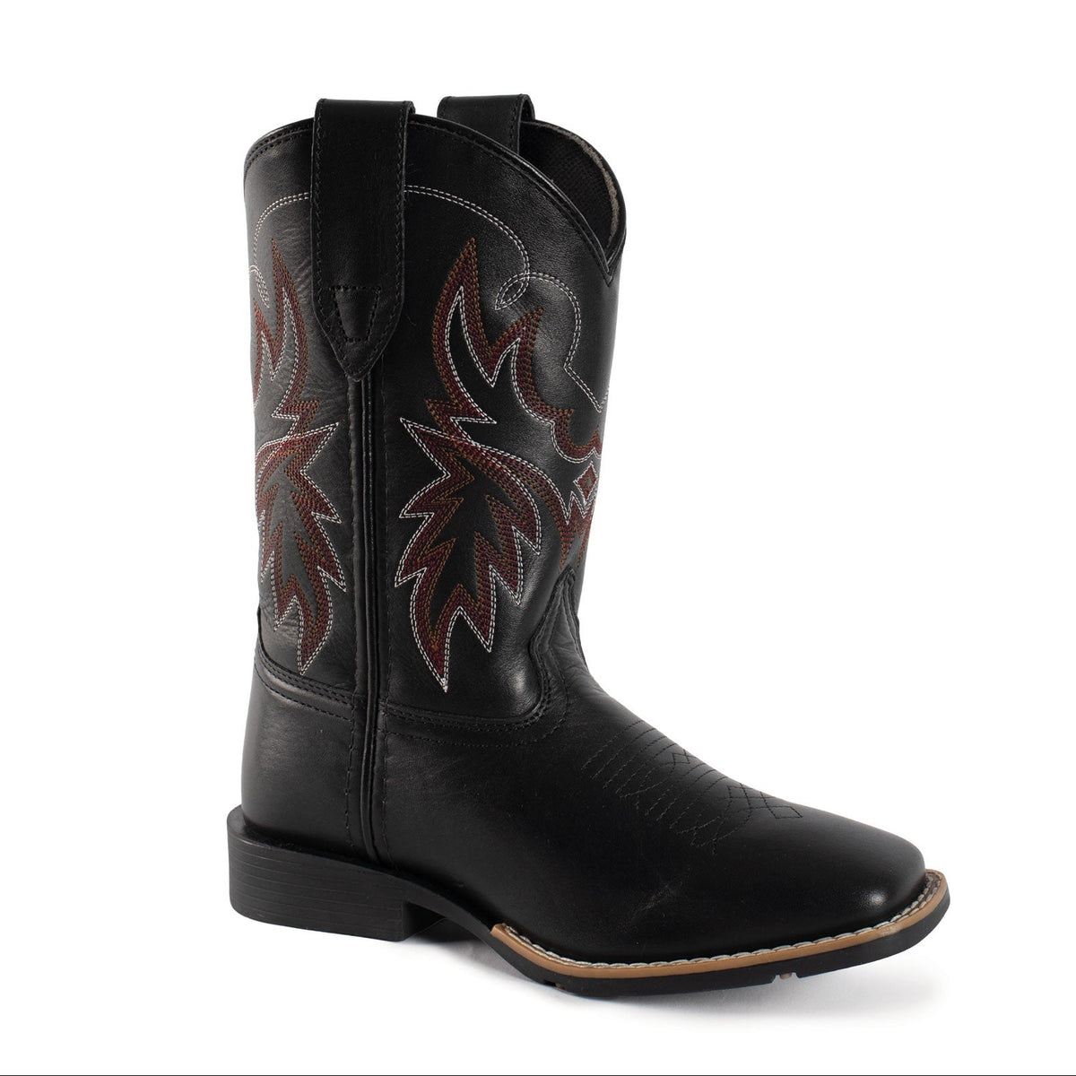A single black leather western boot with decorative brown and red embroidered floral patterns on the shaft, shown from a three-quarter angle against a plain white background.
