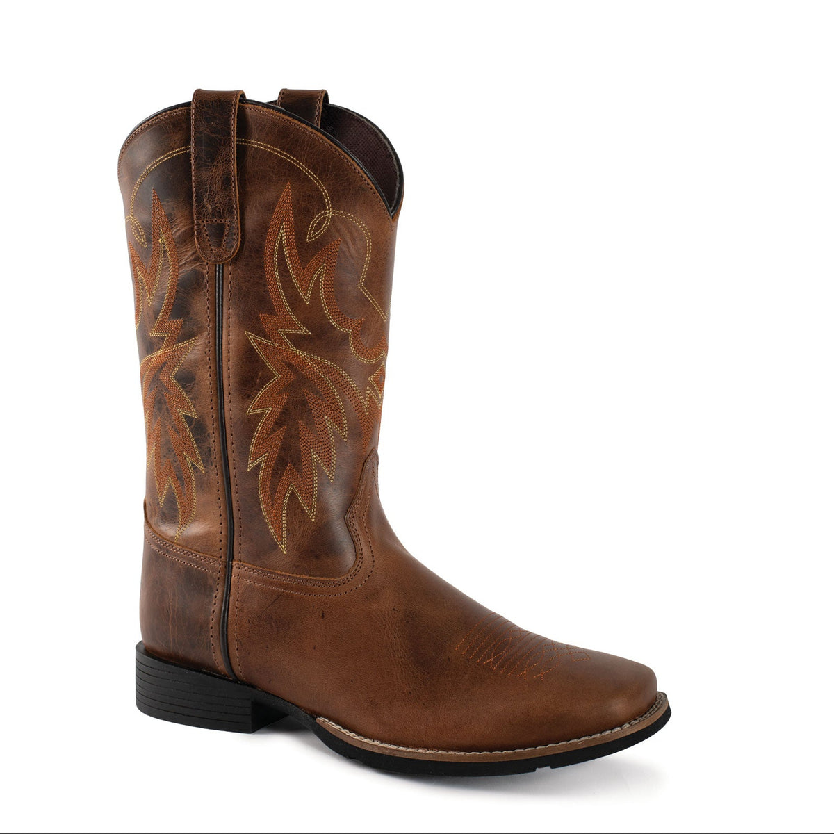A single brown leather cowboy boot with decorative tan and darker brown floral embroidery on the shaft, shown from a side profile against a white background.