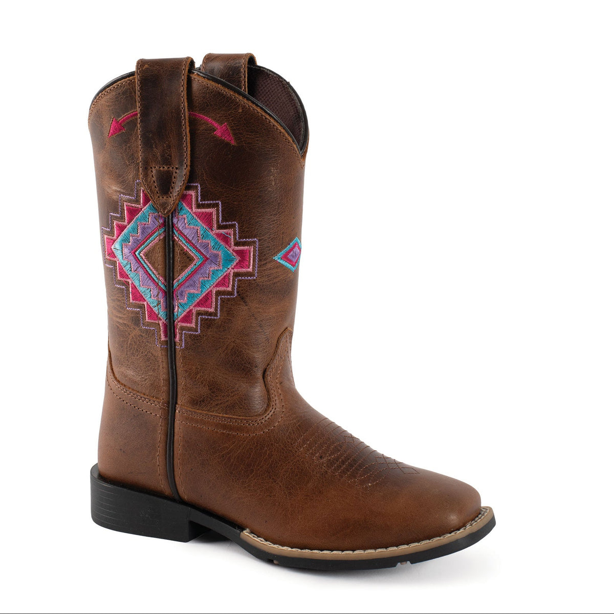 A single brown leather cowboy boot with a square toe and a colorful geometric embroidered pattern on the shaft, shown against a plain white background.