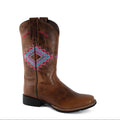 A single brown leather cowboy boot with a square toe and a colorful geometric embroidered pattern on the shaft, shown against a plain white background.