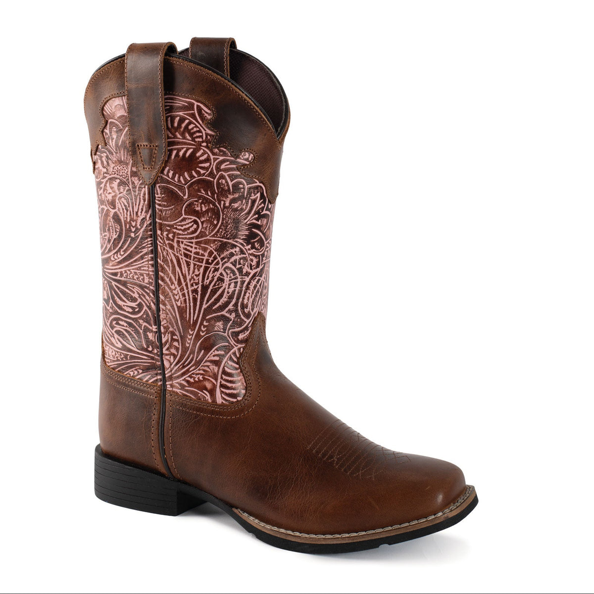 A single brown leather cowboy boot with floral tooled detailing on the shaft, shown from a side profile against a plain white background.