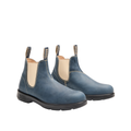 The Rossi Boots Unisex Spinifex Elastic Sided Boots (404 STM) Storm feature blue yak leather, beige elastic side panels, black anti-slip soles, and "Rossi" pull tabs at the heel and tongue.