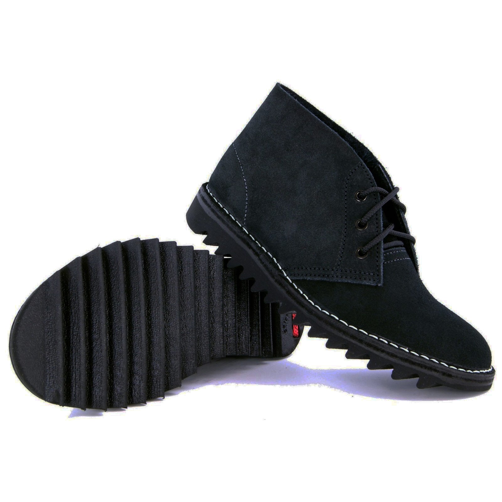 Black Rossi Men's Ripple Desert Boots (4046) with white contrast stitching and a rugged treaded sole, shown from the side and bottom on a white background.