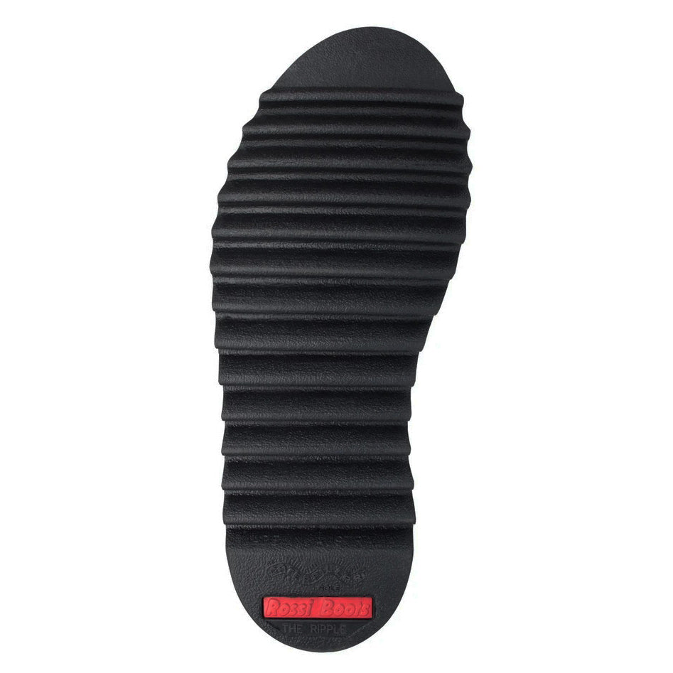 The sole of a black Rossi Men's Ripple Desert Boots (4046) with white contrast stitching, shown on a white background.