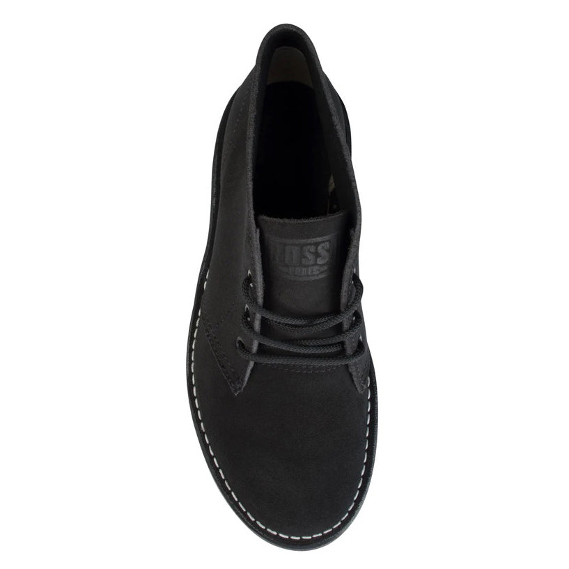 A black Rossi Men's Ripple Desert Boots (4046) with white contrast stitching, shown from the top on a white background.