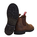 A pair of two tone tan leather Rossi Simpson Elastic Sided Boots (4003) shown on a white background, with one boot standing upright to display the treaded black sole and the other lying on its side showing the side profile and elastic gusset.