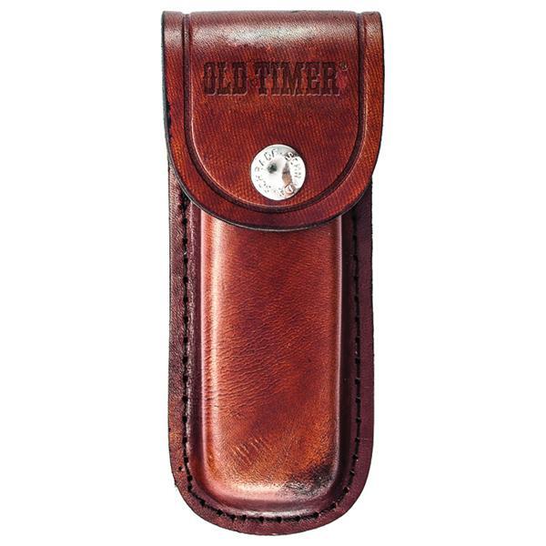 Brown leather pouch for a Schrade Mountain Beaver 80mm Pocket Knife (29OT) with 'Old Timer' branding stamp on a white background.