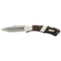 A Schrade Mountain Beaver Pocket Knife 80mm with Leather Pouch (29OT) with a steel blade and a dark brown textured handle featuring silver metal accents and brass pins. The handle has a silver badge engraved with 'OLD TIMER'.